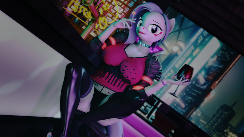 Size: 2560x1440 | Tagged: safe, alternate version, artist:scarlet twinkle, derpibooru import, oc, oc:lucy lash, anthro, cyborg, earth pony, 3d, boots, choker, cigarette, clothes, crossover, cyberpunk, edgerunner, eyebrows, eyelashes, glass, image, jacket, latex, latex stockings, lipstick, looking at you, nail polish, panties, png, shirt, shoes, short hair, smoking, solo, stockings, thigh boots, thigh highs, toeless stockings, underwear, wine glass