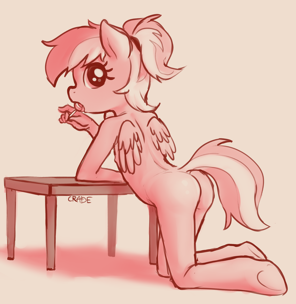 Size: 2701x2768 | Tagged: questionable, artist:crade, banned from derpibooru, ponerpics import, ponybooru import, oc, oc:cherry popped, unofficial characters only, anthro, pegasus, unguligrade anthro, anatomically incorrect, breasts, butt, child, delicious flat chest, female, image, incorrect leg anatomy, lolicon, looking at you, nudity, pigtails, png, sideboob, solo, solo female, underage, underhoof, wings