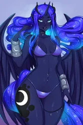 Size: 640x960 | Tagged: suggestive, artist:5_ish, derpibooru import, princess luna, alicorn, equestria girls, absolute cleavage, belly button, belly piercing, bikini, bracer, breasts, cleavage, clothes, female, human facial structure, image, jewelry, legs together, looking at you, piercing, png, reasonably sized breasts, regalia, solo, solo female, swimsuit
