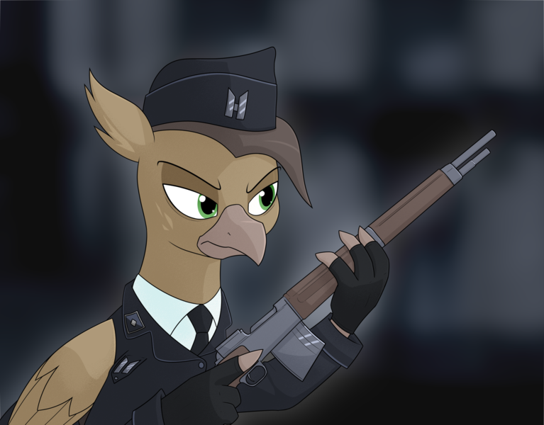 Size: 3088x2416 | Tagged: safe, artist:moonatik, derpibooru import, oc, unofficial characters only, gryphon, equestria at war mod, aquileia, clothes, fingerless gloves, gloves, griffon oc, gun, hat, image, jacket, male, necktie, png, rifle, weapon