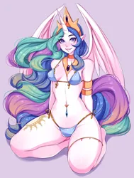 Size: 1546x2048 | Tagged: suggestive, artist:5_ish, derpibooru import, princess celestia, alicorn, equestria girls, absolute cleavage, belly button, belly piercing, bikini, breasts, cleavage, clothes, female, human facial structure, image, jewelry, looking at you, piercing, png, reasonably sized breasts, regalia, simple background, solo, solo female, swimsuit