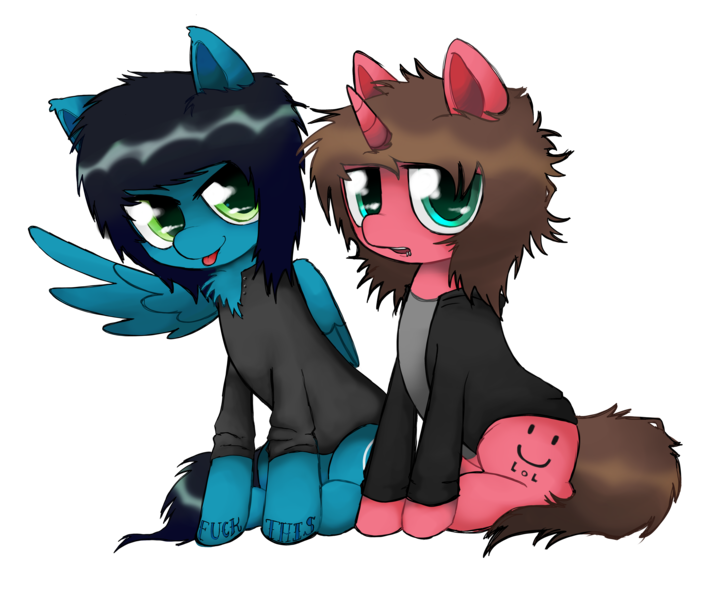 Size: 6500x5500 | Tagged: safe, artist:cactuscruncher, derpibooru import, ponified, pegasus, pony, unicorn, :p, absurd resolution, asking alexandria, ben bruce, black mane, black tail, blue coat, brown mane, brown tail, button-up shirt, chest fluff, clothes, danny worsnop, derpibooru exclusive, duo, ear fluff, emo, feather, fluffy, folded wing, fringe, green eyes, hoof tattoo, image, jacket, lidded eyes, lip piercing, looking at you, male, messy tail, open mouth, piercing, png, red coat, rolled up sleeves, shiny eyes, shirt, simple background, sitting, smiling, spread wings, tail, tattoo, teal eyes, tongue out, transparent background, unbuttoned, vulgar, wings