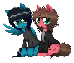 Size: 6500x5500 | Tagged: safe, artist:cactuscruncher, derpibooru import, ponified, pegasus, pony, unicorn, :p, absurd resolution, asking alexandria, ben bruce, black mane, black tail, blue coat, brown mane, brown tail, button-up shirt, chest fluff, clothes, danny worsnop, derpibooru exclusive, duo, ear fluff, emo, feather, fluffy, folded wing, fringe, green eyes, hoof tattoo, image, jacket, lidded eyes, lip piercing, looking at you, male, messy tail, open mouth, piercing, png, red coat, rolled up sleeves, shiny eyes, shirt, simple background, sitting, smiling, spread wings, tail, tattoo, teal eyes, tongue out, transparent background, unbuttoned, vulgar, wings