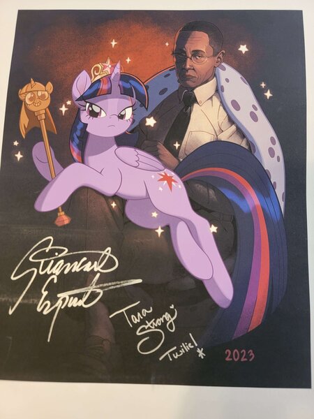 Size: 1536x2048 | Tagged: safe, artist:lexivine, derpibooru import, twilight sparkle, twilight sparkle (alicorn), alicorn, human, pony, 2023, autograph, breaking bad, chair, clothes, crossover, crown, duo, female, fur coat, giancarlo esposito, glasses, gus fring, image, jewelry, jpeg, male, mare, necktie, pants, regalia, scepter, shirt, shoes, socks, tara strong, twilight scepter