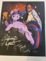 Size: 1536x2048 | Tagged: safe, artist:lexivine, derpibooru import, twilight sparkle, twilight sparkle (alicorn), alicorn, human, pony, 2023, autograph, breaking bad, chair, clothes, crossover, crown, duo, female, fur coat, giancarlo esposito, glasses, gus fring, image, jewelry, jpeg, male, mare, necktie, pants, regalia, scepter, shirt, shoes, socks, tara strong, twilight scepter