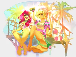 Size: 4000x3000 | Tagged: safe, artist:yoyoyocfxfrz, derpibooru import, applejack, strawberry sunrise, equestria girls, alternate hairstyle, anklet, applerise, barefoot, belly button, bikini, bikini top, blushing, clothes, duo, equestria girls-ified, feet, female, food, foot focus, freckles, hawaiian shirt, image, jewelry, lesbian, midriff, open mouth, palm tree, pier, png, shipping, shirt, shorts, strawberry, summer, swimsuit, tongue out, tree