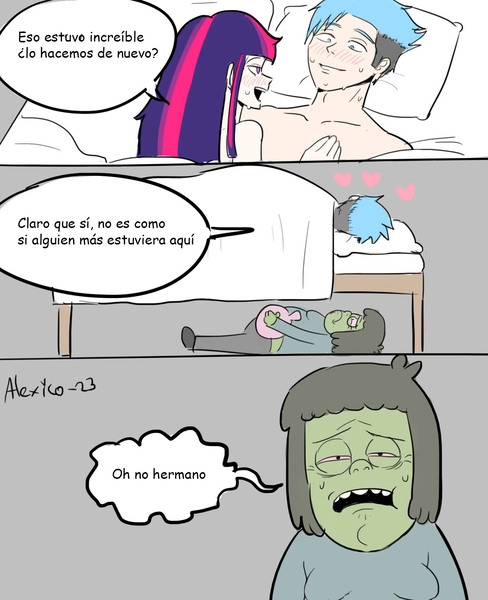 Size: 1300x1600 | Tagged: questionable, artist:alexicoreborn, derpibooru import, twilight sparkle, human, bed, bedsheets, crossover, crossover shipping, exploitable meme, female, gray background, heart, hug, humanized, image, jpeg, laying on bed, lying down, male, meme, mordecai, mordetwi, muscle man, naked hug, nudity, on bed, regular show, shipping, signature, simple background, speech bubble, straight, under the bed, under the covers, whoopee cushion