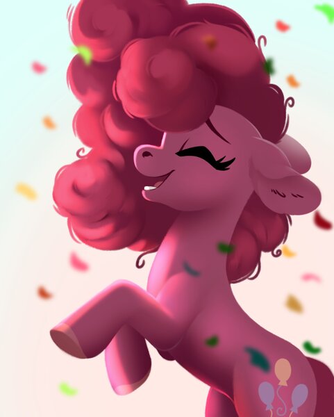 Size: 1500x1872 | Tagged: safe, artist:28gooddays, derpibooru import, pinkie pie, earth pony, pony, confetti, eyes closed, happy, image, jpeg, rearing, side view, smiling, solo