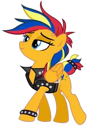 Size: 1520x1812 | Tagged: safe, artist:mlpfan3991, derpibooru import, rarity, oc, oc:flare spark, unofficial characters only, pegasus, pony, alternate hairstyle, clothes, female, image, mare, multicolored mane, png, punk, raripunk, simple background, smiling, solo, transparent background, vest, wristband