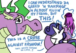 Size: 1920x1358 | Tagged: safe, artist:julunis14, derpibooru import, rarity, spike, dragon, pony, unicorn, series:my little honses, secret of my excess, cape, clothes, crying, dialogue, duo, duo male and female, female, greed spike, heartbreak, image, levitation, magic, male, mare, png, prehensile tail, simple background, tail, tail hold, telekinesis, white background