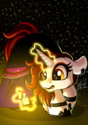Size: 2894x4093 | Tagged: safe, artist:julunis14, derpibooru import, oc, oc:blazing sheath, unofficial characters only, pony, unicorn, clothes, curious, ear piercing, earring, eyeshadow, female, fire, horn, image, jewelry, leg rings, lighter, magic, magic aura, makeup, mare, piercing, png, robe, signature, unicorn oc