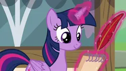 Size: 1280x720 | Tagged: episode needed, source needed, safe, derpibooru import, screencap, twilight sparkle, twilight sparkle (alicorn), alicorn, cute, image, jpeg, quill, solo, twiabetes, writing