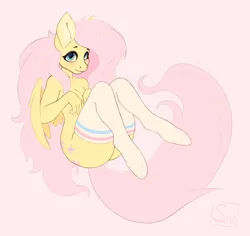 Size: 1905x1795 | Tagged: suggestive, artist:skandiniwi, derpibooru import, fluttershy, anthro, pegasus, blue eyes, breasts, clothes, covering, covering breasts, image, large butt, long hair, long tail, looking at you, pink hair, png, simple background, socks, solo, stockings, tail, thigh highs, white background