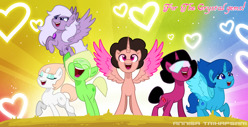 Size: 3051x1570 | Tagged: safe, artist:angellight-bases, artist:muhammad yunus, derpibooru import, alicorn, earth pony, pegasus, pony, unicorn, g5, my little pony: a new generation, amethyst (steven universe), base used, crystal gems, eyes closed, female, garnet (steven universe), group, happy, headwear, heart, heart background, image, lapis lazuli (steven universe), male, mare, open mouth, open smile, pearl (steven universe), peridot (steven universe), png, rainbow background, smiling, stallion, steven universe, steven universe (steven universe), text, visor, water wings, watermark