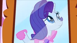 Size: 800x447 | Tagged: safe, derpibooru import, screencap, rarity, pony, unicorn, suited for success, bathrobe, bed mane, blue eyes, clothes, female, image, looking up, mare, messy mane, png, purple hair, purple mane, robe, white fur