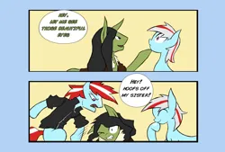 Size: 1280x863 | Tagged: safe, artist:juanrock, derpibooru import, oc, oc:aromatheropy, oc:cloud chaser, oc:razor graze, unofficial characters only, pony, brother and sister, comic, dialogue, female, hitting, image, jpeg, male, siblings, speech bubble, two toned mane