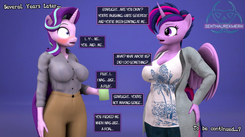 Size: 1920x1080 | Tagged: questionable, artist:senthaurekmern, banned from derpibooru, part of a set, ponerpics import, ponybooru import, starlight glimmer, twilight sparkle, twilight sparkle (alicorn), alicorn, anthro, plantigrade anthro, unicorn, 3d, abstract background, big breasts, blushing, breasts, busty starlight glimmer, busty twilight sparkle, cleavage, clothes, dialogue, explicit source, female, hand on hip, image, implied foalcon, implied lolicon, implied underage, lolicon, open mouth, pants, png, shirt, source filmmaker, stunned, stuttering, sweater, time paradox, time travel, trauma, traumatized, underage