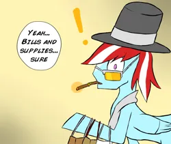 Size: 1280x1079 | Tagged: safe, artist:juanrock, derpibooru import, oc, oc:razor graze, unofficial characters only, pegasus, pony, cigar, clothes, dialogue, exclamation point, glasses, hat, image, jpeg, scarf, shopping, solo, speech bubble