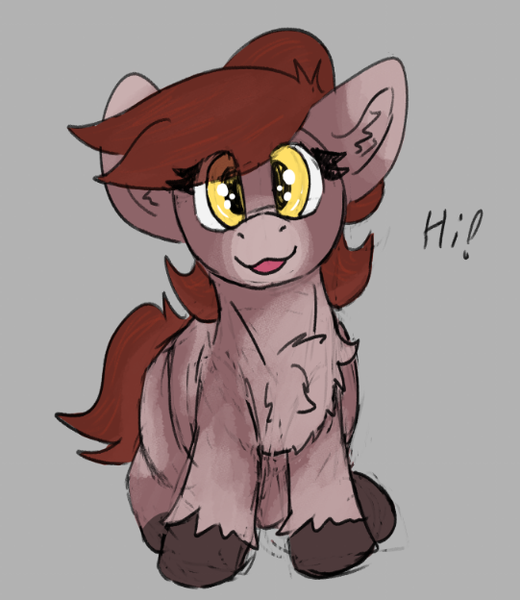 Size: 541x624 | Tagged: safe, artist:reddthebat, derpibooru import, oc, oc:novella (reddthebat), unofficial characters only, earth pony, pony, chest fluff, eye clipping through hair, female, filly, foal, gray background, image, looking at you, offspring, parent:oc:number nine, png, simple background, smiling, smiling at you, solo, talking to viewer, unshorn fetlocks