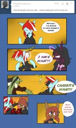 Size: 1279x2148 | Tagged: safe, artist:juanrock, derpibooru import, oc, oc:cloud chaser, oc:razor graze, oc:silk mirage, oc:vermillion brush, unofficial characters only, pony, unicorn, comic, cup, dialogue, heterochromia, image, knock out, magic, png, punch, speech bubble, tumblr