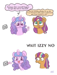 Size: 2160x2836 | Tagged: safe, artist:limitmj, derpibooru import, izzy moonbow, sunny starscout, earth pony, pony, unicorn, g5, comic, duo, duo female, electrical outlet, female, fork, image, magic, mane stripe sunny, mare, png, signature, simple background, speech bubble, text, white background