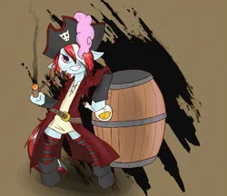 Size: 962x831 | Tagged: safe, artist:juanrock, derpibooru import, oc, oc:melody grace, unofficial characters only, pony, fanfic:three of me: school society, barrel, belt, bottle, female, hair over one eye, hat, image, jpeg, mare, pink eyes, pipe, pirate, pirate hat, solo, two toned mane