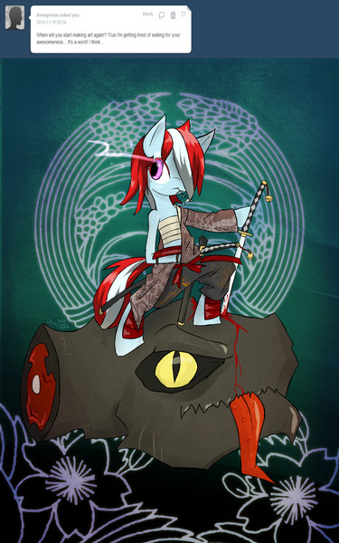 Size: 1200x1920 | Tagged: semi-grimdark, artist:juanrock, derpibooru import, oc, oc:melody grace, unofficial characters only, dinosaur, pony, fanfic:three of me: school society, blood, decapitated, female, hair over one eye, image, jpeg, katana, mare, pink eyes, solo, sword, tongue out, two toned mane, weapon