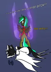 Size: 753x1062 | Tagged: safe, artist:juanrock, derpibooru import, oc, oc:charge, oc:vinetion, pegasus, pony, fanfic:three of me: school society, bat wings, dumbbell (object), duo, female, freckles, glow, image, in pain, jpeg, male, mare, reference, stallion, standing on two hooves, street fighter, swearing, text, vulgar, weights, wings