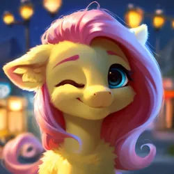 Size: 1228x1228 | Tagged: safe, derpibooru import, machine learning generated, stable diffusion, fluttershy, pegasus, pony, ai content, bust, cheek fluff, chest fluff, cute, ear fluff, female, fluffy, generator:purplesmart.ai, glow, image, jpeg, lantern, looking at you, mare, one eye closed, outdoors, portrait, shyabetes, smiling, smiling at you, solo