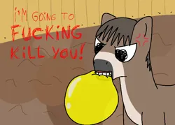 Size: 700x500 | Tagged: safe, artist:hach, oc, unnamed oc, unofficial characters only, donkey, pony, angry, angry eyes, balloon, bared teeth, biting, cross-popping veins, death threat, fence, image, male, mouth hold, png, red text, solo, stallion, teeth, threat