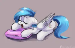 Size: 2476x1598 | Tagged: safe, artist:cornelia_nelson, derpibooru import, oc, oc:graceful motion, unofficial characters only, pegasus, pony, cute, eyelashes, eyes closed, folded wings, image, lying down, open mouth, pillow, png, simple background, sleeping, solo, wings