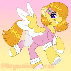 Size: 1600x1596 | Tagged: safe, artist:missbramblemele, derpibooru import, oc, oc:seneca, unofficial characters only, pegasus, pony, clothes, colored wings, female, gradient background, image, jpeg, mare, solo, two toned wings, wings