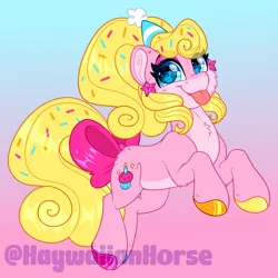 Size: 1600x1598 | Tagged: safe, artist:missbramblemele, derpibooru import, oc, oc:sugar sprinkles, unofficial characters only, earth pony, pony, bow, female, gradient background, hat, image, jpeg, mare, party hat, solo, tail, tail bow, tongue out