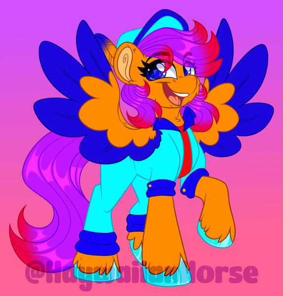 Size: 1600x1675 | Tagged: safe, artist:missbramblemele, derpibooru import, oc, oc:claude, unofficial characters only, pegasus, pony, clothes, colored wings, female, gradient background, image, jpeg, mare, solo, two toned wings, wings