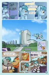 Size: 2033x3072 | Tagged: safe, artist:captainhoers, derpibooru import, oc, oc:aurora (hoers), oc:concorde, kirin, pegasus, comic:stardust:the sky belongs to no one, alarm clock, bed, bed mane, bedside stand, building, clock, clothes, clothes on floor, comic, female, flag, flag pole, flying, image, jpeg, messy mane, nonbinary, nonbinary pride flag, offscreen character, phone, phone call, pride, pride flag, tram, waking up