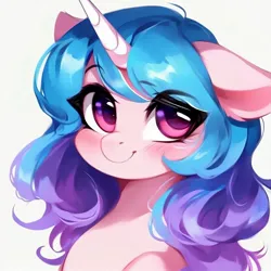 Size: 1536x1536 | Tagged: safe, derpibooru import, editor:nightluna, machine learning generated, stable diffusion, izzy moonbow, pony, unicorn, g5, ai content, blushing, bust, cute, female, floppy ears, generator:purplesmart.ai, image, izzybetes, jpeg, mare, one ear down, portrait, prompter:nightluna, simple background, smiling, solo, white background