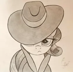 Size: 1764x1730 | Tagged: safe, artist:engi, derpibooru import, rarity, pony, unicorn, clothes, detective rarity, female, hat, image, jpeg, pencil drawing, shadow spade, simple background, solo, traditional art