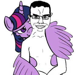 Size: 1036x1024 | Tagged: suggestive, anonymous artist, twilight sparkle, twilight sparkle (alicorn), alicorn, human, pony, bedroom eyes, chud, covering with wings, happy, human on pony snuggling, image, png, seductive, snuggling, soyjak, soyjak.party