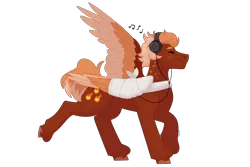 Size: 3000x2000 | Tagged: safe, artist:itstechtock, derpibooru import, oc, oc:pavlos, ponified, unofficial characters only, pegasus, pony, bandage, broken bone, broken wing, cast, colored hooves, colored wings, eyes closed, freckles, happy, headphones, image, injured, music, one wing out, png, short tail, simple background, sling, solo, species swap, tail, walking, wings