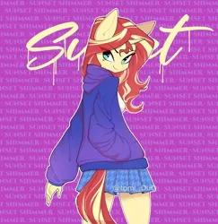Size: 2100x2160 | Tagged: safe, artist:tomi_ouo, derpibooru import, sunset shimmer, anthro, unicorn, breasts, clothes, hoodie, image, jpeg, looking at you, looking back, rear view, skirt