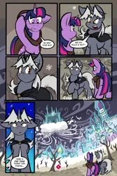 Size: 1567x2351 | Tagged: safe, artist:virmir, twilight sparkle, oc, oc:virmare, pony, unicorn, comic:so you've become a pony villain, antagonist, cape, cloak, clothes, cloud, comic, duo, female, floppy ears, frozen, ice, image, mare, png