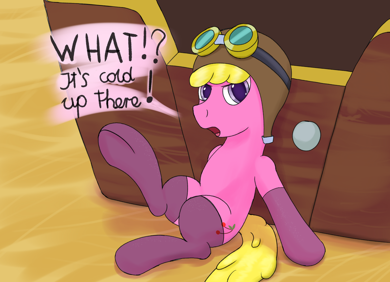 Size: 2229x1614 | Tagged: safe, artist:frilanka, derpibooru import, cherry berry, earth pony, pony, annoyed, aviator goggles, aviator hat, balloon, clothes, female, goggles, hat, hot air balloon, image, leaning back, looking at you, mare, png, raised leg, sitting, socks, solo, speech bubble, text, thigh highs