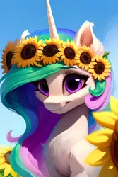 Size: 1024x1536 | Tagged: safe, derpibooru import, machine learning generated, princess celestia, pony, ai content, bust, chest fluff, closed mouth, female, floral head wreath, flower, flower in hair, generator:pony diffusion v5, horn, image, light skin, long hair, mare, png, portrait, purple eyes, simple background, sunflower, wreath