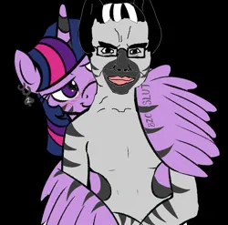 Size: 1036x1024 | Tagged: suggestive, anonymous artist, edit, twilight sparkle, twilight sparkle (alicorn), alicorn, human, pony, zebra, bedroom eyes, chud, covering with wings, happy, human on pony snuggling, image, png, seductive, snuggling, soyjak, soyjak.party, species swap, zebrafied