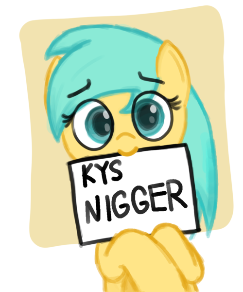 Size: 1000x1200 | Tagged: safe, sunshower raindrops, earth pony, pony, cyan mane, female, holding object, image, kys, legs raised, looking at you, mare, mouth hold, nigger, passepartout, png, simple background, slur, solo, text, white background