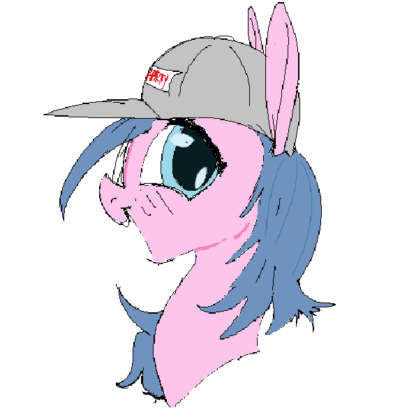 Size: 573x594 | Tagged: safe, anonymous artist, artist:anonymous, oc, ponified, pony, admin, blue mane, bust, crossgender, doll (soyjak), female, happy, hat, image, light blue eyes, mare, pink coat, png, sideways, sideways glance, simple background, soyjak, soyjak.party, white background