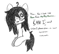Size: 598x540 | Tagged: safe, artist:castafae, derpibooru import, oc, oc:floor bored, earth pony, pony, dialogue, female, filly, foal, hair over one eye, image, png, shaking, sitting, solo, wingding eyes