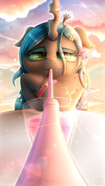 Size: 1152x2048 | Tagged: safe, artist:phoenixrk49, derpibooru import, queen chrysalis, changeling, changeling queen, bracelet, crossed hooves, cup, drink, drinking, drinking straw, eyeshadow, female, floppy ears, hairclip, image, jewelry, jpeg, lidded eyes, looking at you, loving gaze, makeup, offscreen character, pov, smiling, smiling at you, solo
