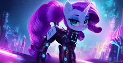Size: 1000x512 | Tagged: safe, derpibooru import, machine learning generated, stable diffusion, rarity, pony, robot, unicorn, ai content, cyberpunk, exoskeleton, future, image, looking at you, png, solo, technology