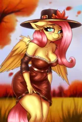 Size: 4000x6000 | Tagged: suggestive, alternate version, artist:shad0w-galaxy, derpibooru import, fluttershy, pony, absurd resolution, autumn, big breasts, blushing, breasts, cheek fluff, chest fluff, clothes, cute, dress, ear fluff, falling leaves, female, grass, grass field, hat, image, leaves, looking at you, mare, meadow, png, shoulder fluff, shyabetes, smiling, solo